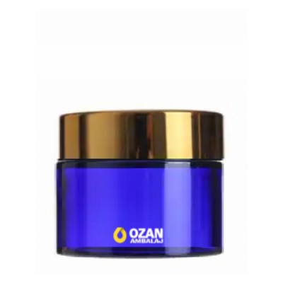 50 ml Mavi Cam Krem Kavanozu Gold Kapak Toptan