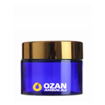 50 ml Mavi Krem Kavanozu Beyaz �� T�pal� Gold Contal� Kapak