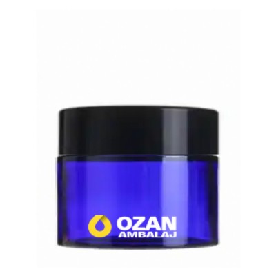 50 ml Mavi Krem Kavanozu Beyaz �� T�pal� Siyah Contal� Kapak